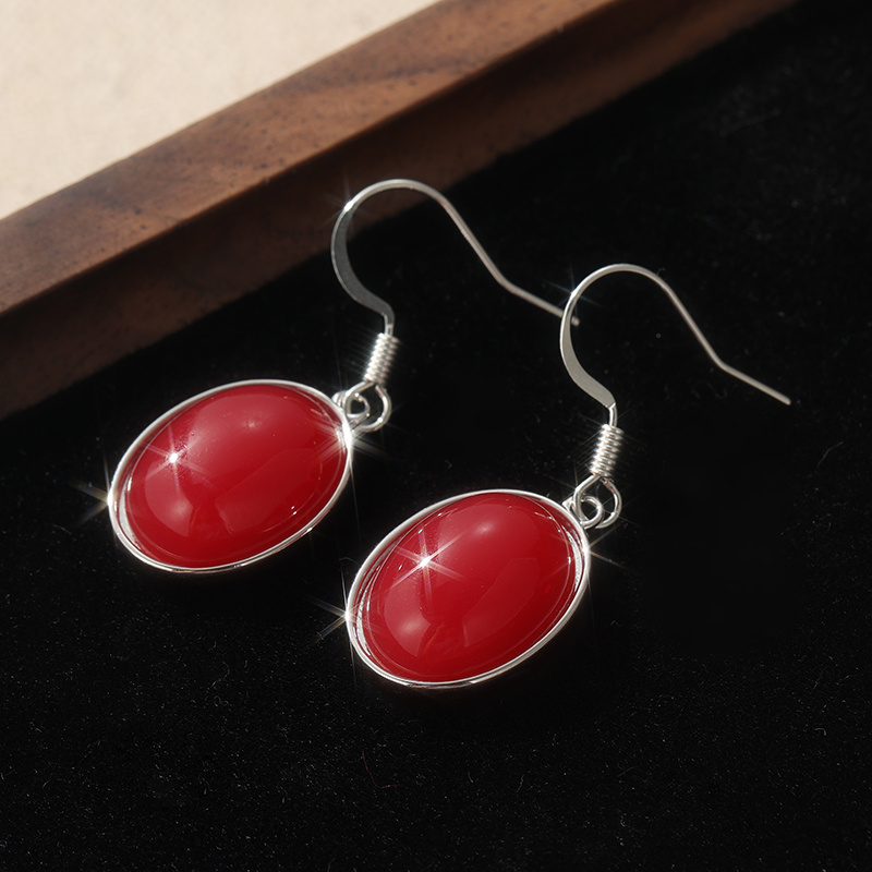 Women's Retro Elegant K Plated Red Oval Earrings, Wedding Gift
